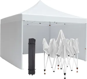 10 * 10FT Pop-Up Canopy Tent,Easy Pop Up Canopy Tent with Sidewalls,Outdoor Portable Shelter with 3 Sidewalls, Windows, Wheeled Bag for Outdoor use-White