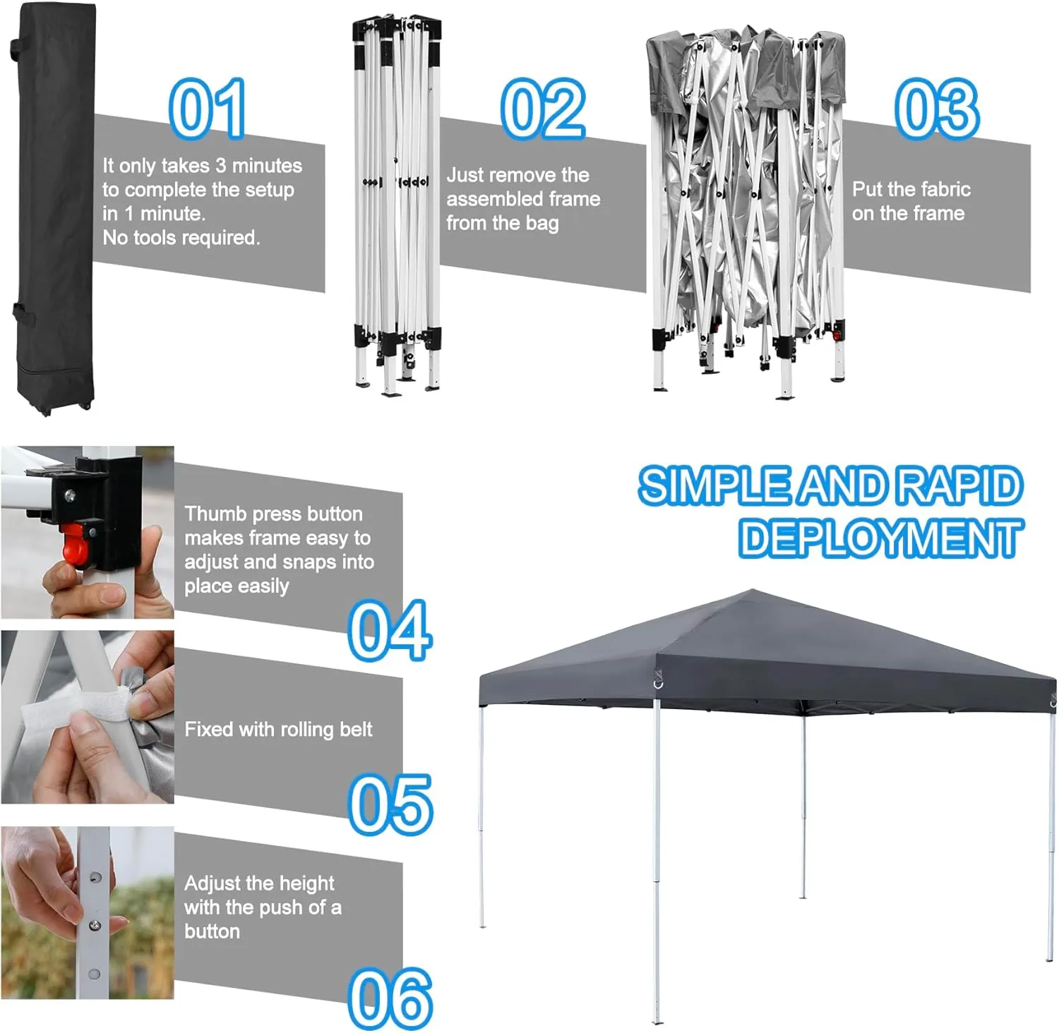 10 x 10 Pop Up Canopy Tent Easy Set-up, Height Adjustable Outdoor Patio Waterproof Sun Shade Shelter Instant Canopy with Wheeled Carry Bag, Ropes