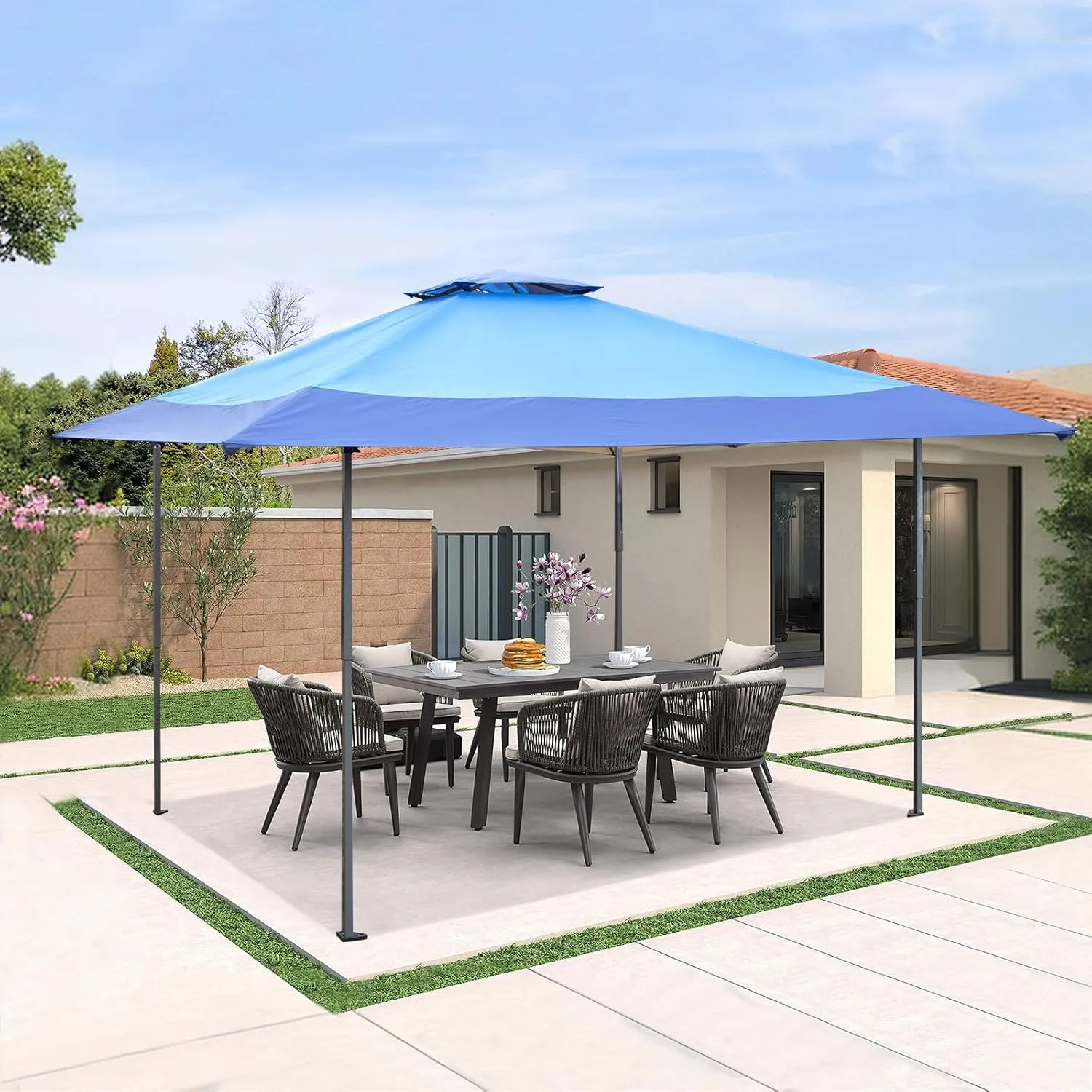 13x13 ft Pop Up Canopy Tent, Easy Up Instant Outdoor Canopy with Vented Top, Straight Legs, Wheeled Carry Bag, 4 Ropes & 8 Stakes - Blue
