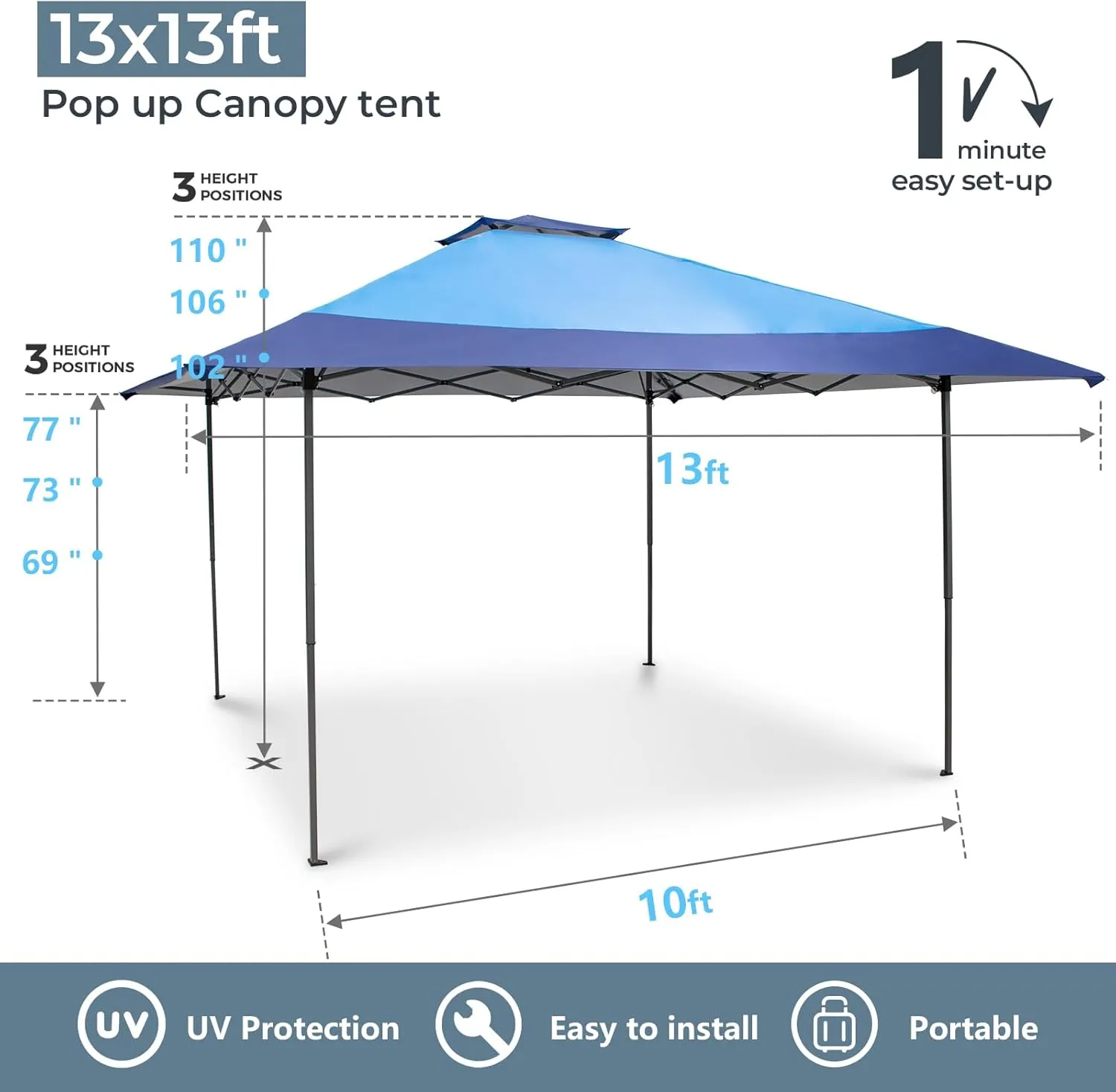 13x13 ft Pop Up Canopy Tent, Easy Up Instant Outdoor Canopy with Vented Top, Straight Legs, Wheeled Carry Bag, 4 Ropes & 8 Stakes - Blue