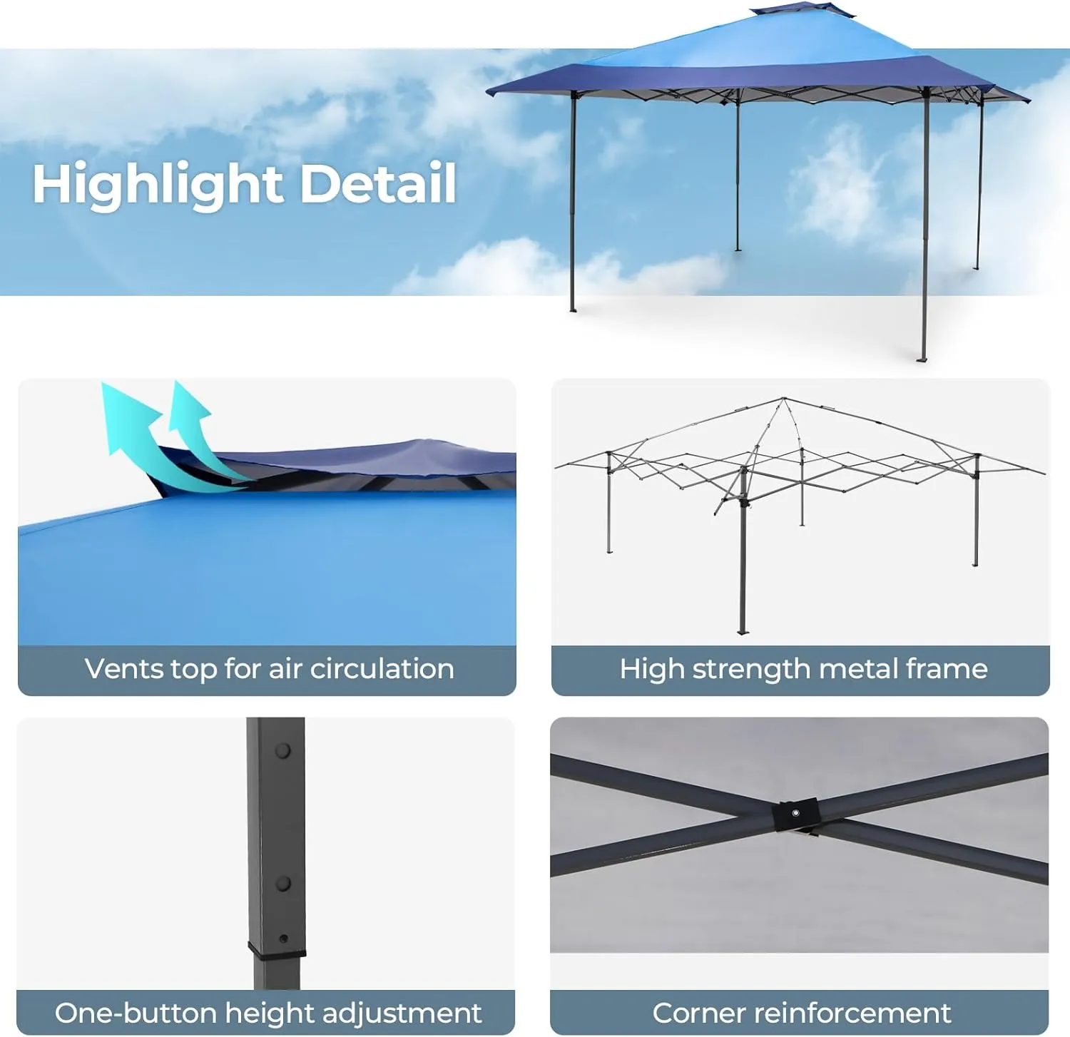 13x13 ft Pop Up Canopy Tent, Easy Up Instant Outdoor Canopy with Vented Top, Straight Legs, Wheeled Carry Bag, 4 Ropes & 8 Stakes - Blue