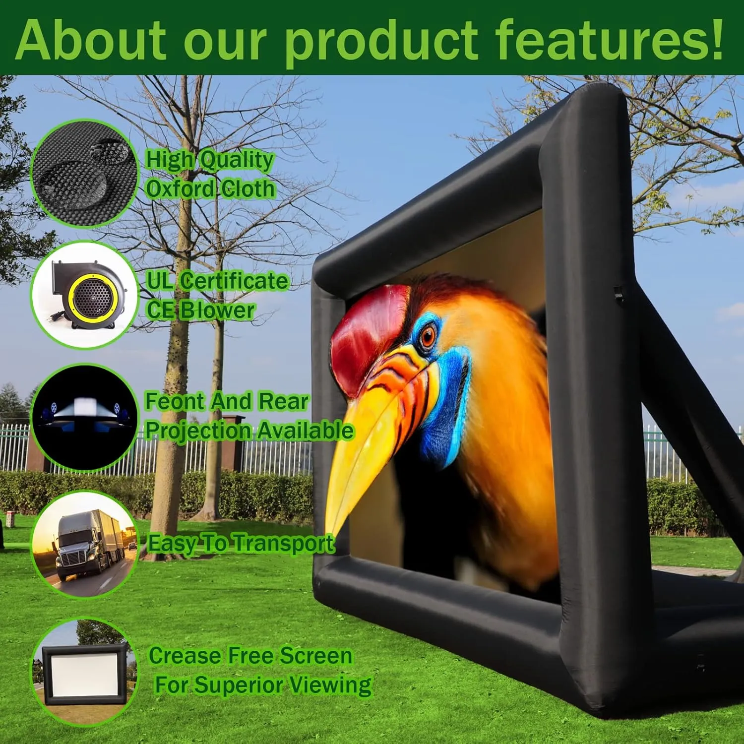 19ft Inflatable Projector Movie Screen for Outside and Indoor Theater Projector Screen，Supports Front and Rear Projection，Includes a Powerful Fan, Strapping, Repair Kit and Storage Bag