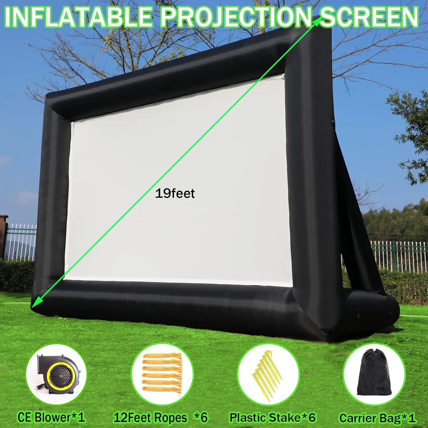19ft Inflatable Projector Movie Screen for Outside and Indoor Theater Projector Screen，Supports Front and Rear Projection，Includes a Powerful Fan, Strapping, Repair Kit and Storage Bag