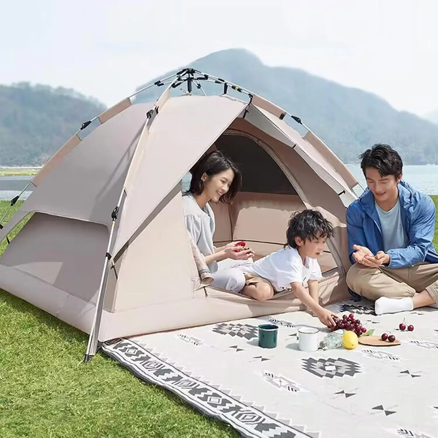 3-4 Person Camping Dome Tent, Pop-Up Camping Tent with Instant Setup, Waterproof,Spacious, Lightweight Portable Backpacking Tent for Outdoor Camping/Hiking(A,Khaki)