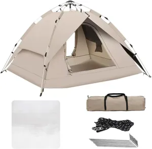 3-4 Person Camping Dome Tent, Pop-Up Camping Tent with Instant Setup, Waterproof,Spacious, Lightweight Portable Backpacking Tent for Outdoor Camping/Hiking(A,Khaki)
