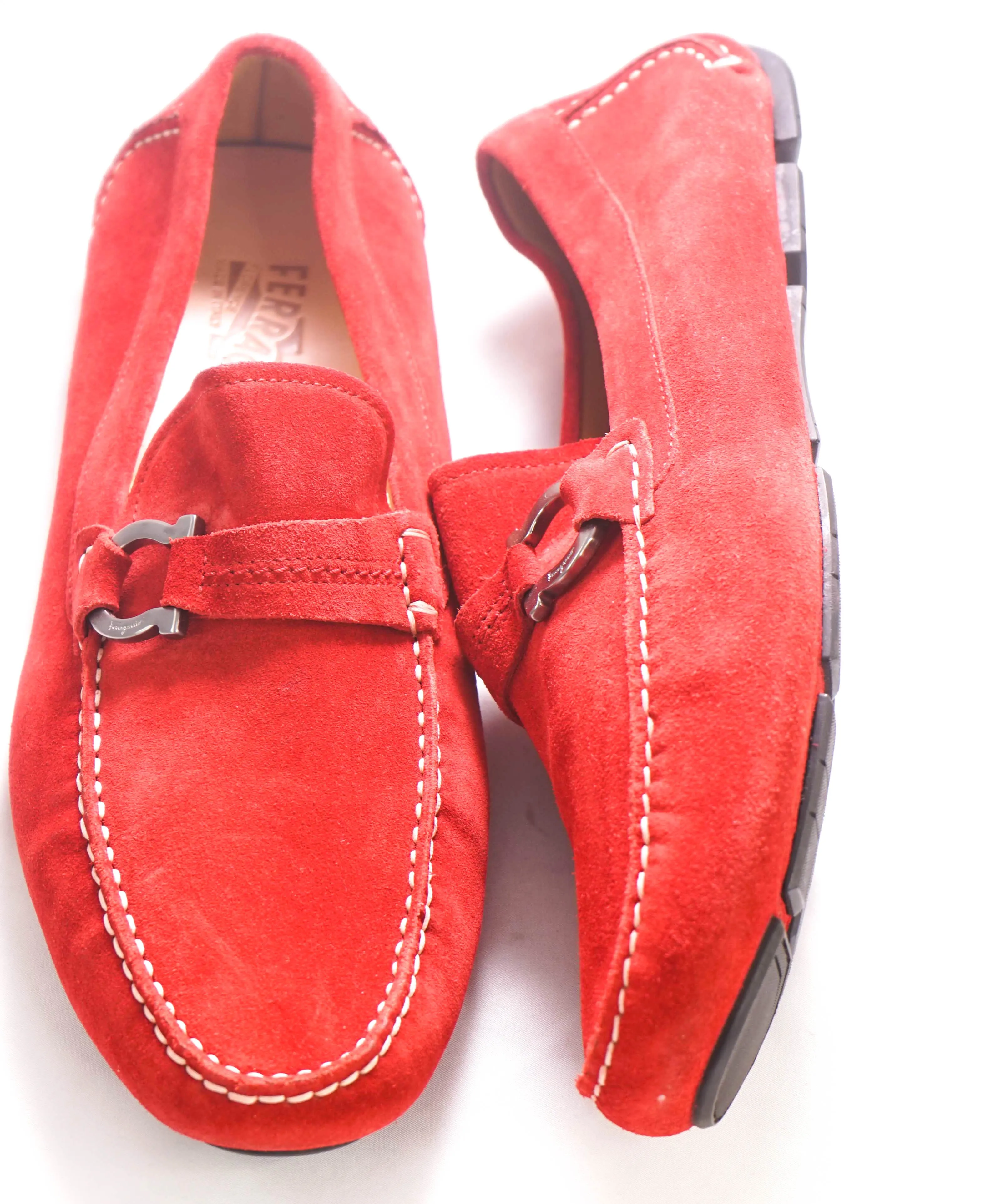 $750 SALVATORE FERRAGAMO - "DUBLO" Red Suede Gancini Loafer- 12