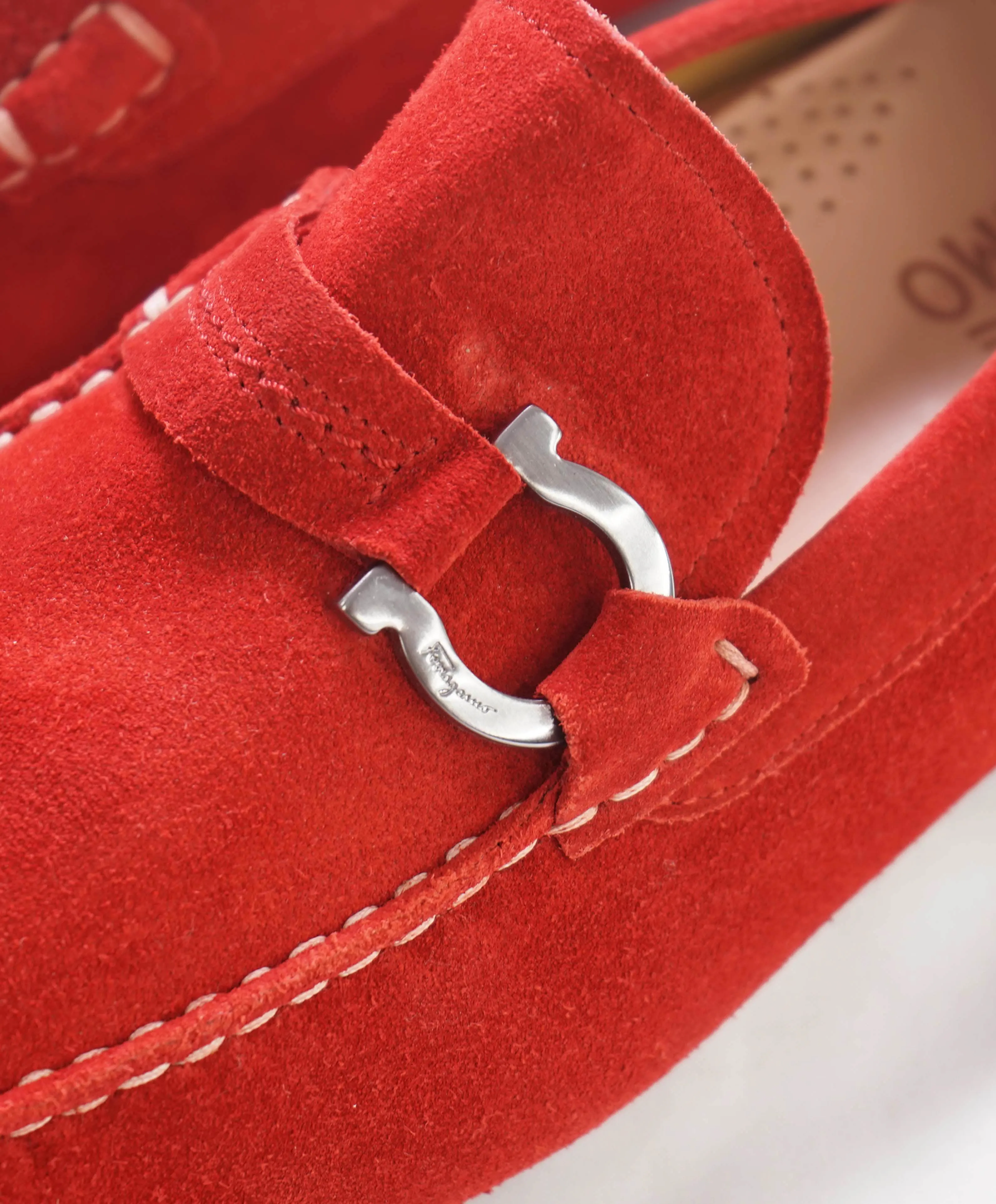 $750 SALVATORE FERRAGAMO - "DUBLO" Red Suede Gancini Loafer- 12