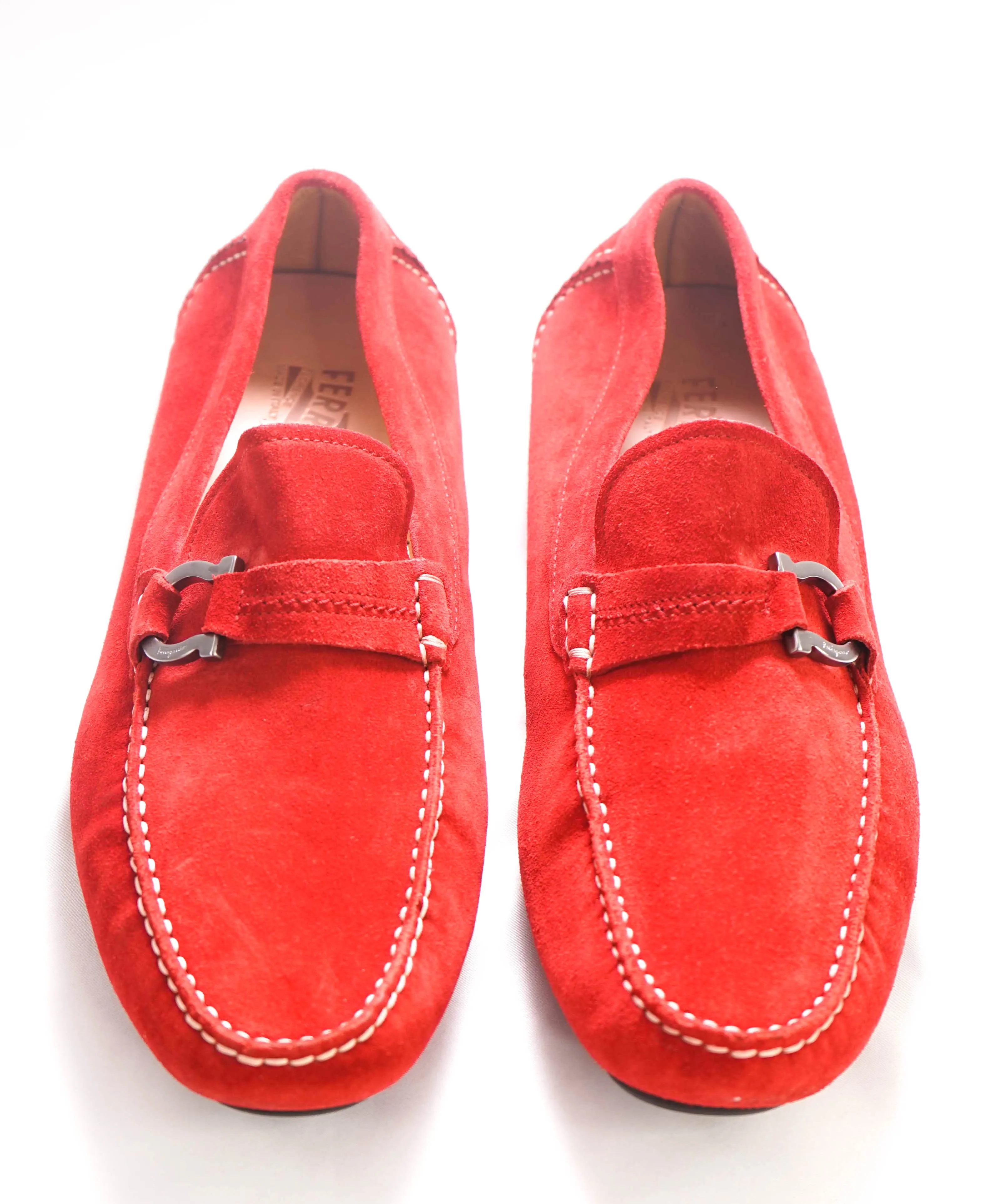 $750 SALVATORE FERRAGAMO - "DUBLO" Red Suede Gancini Loafer- 12