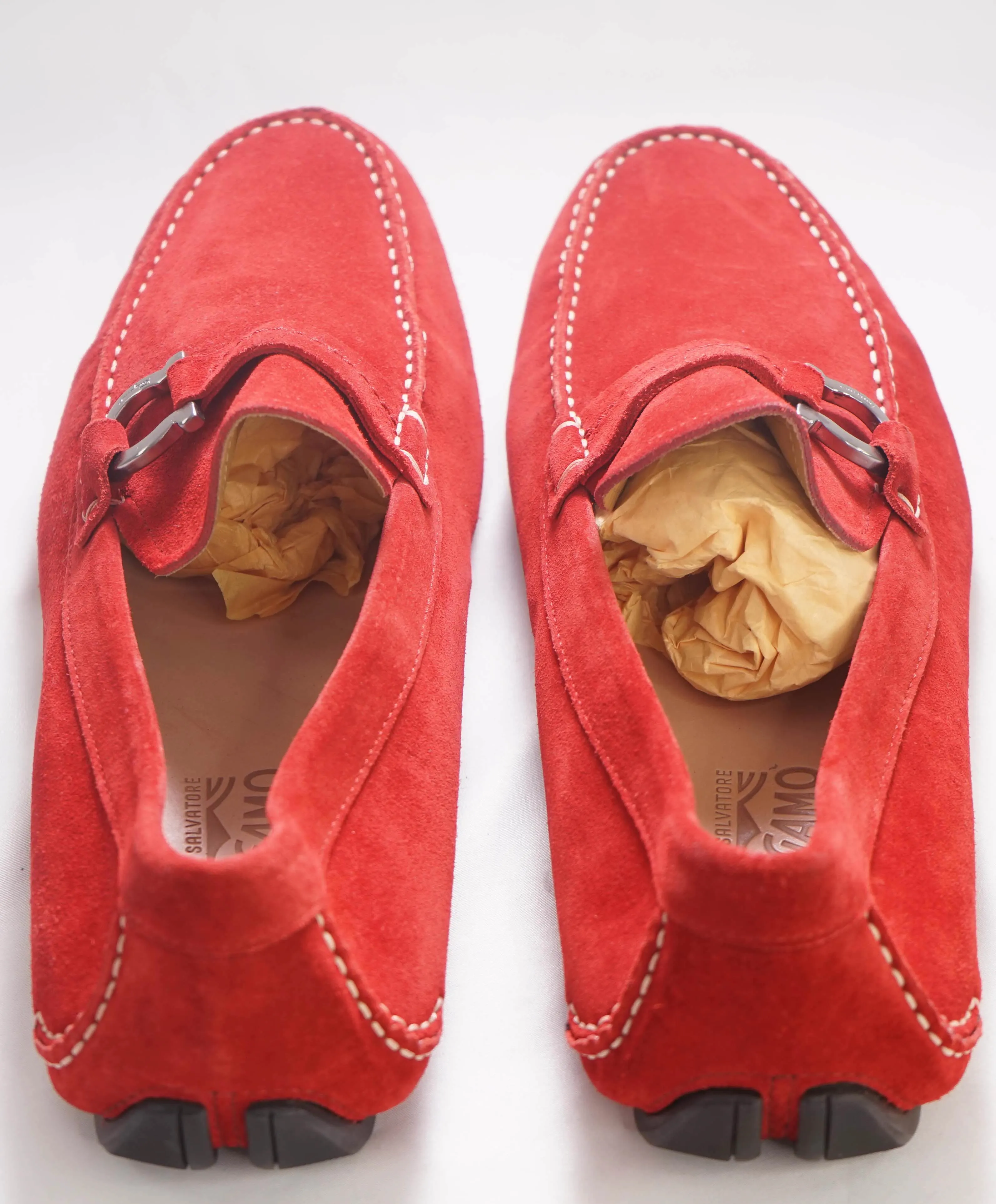 $750 SALVATORE FERRAGAMO - "DUBLO" Red Suede Gancini Loafer- 12