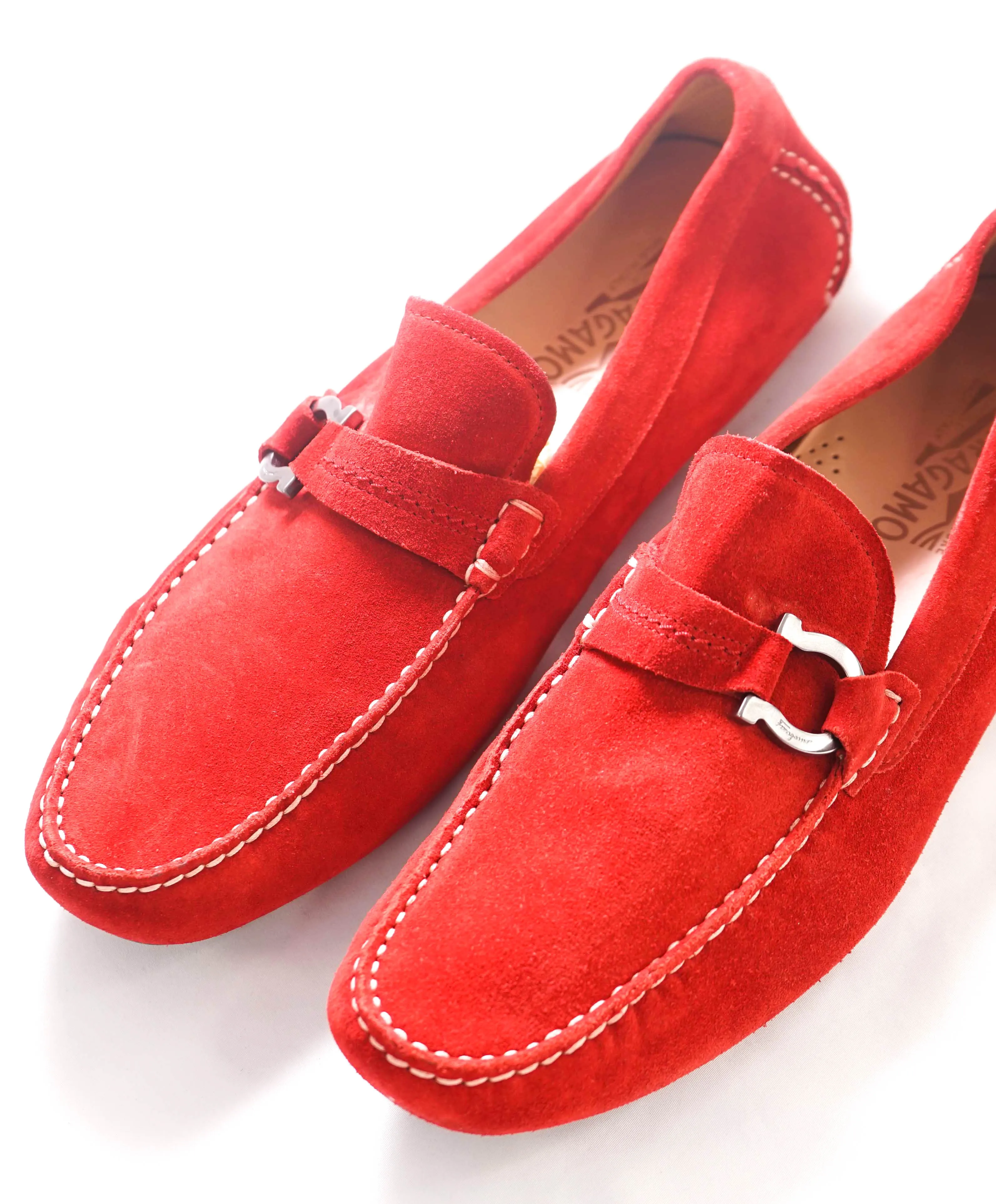 $750 SALVATORE FERRAGAMO - "DUBLO" Red Suede Gancini Loafer- 12