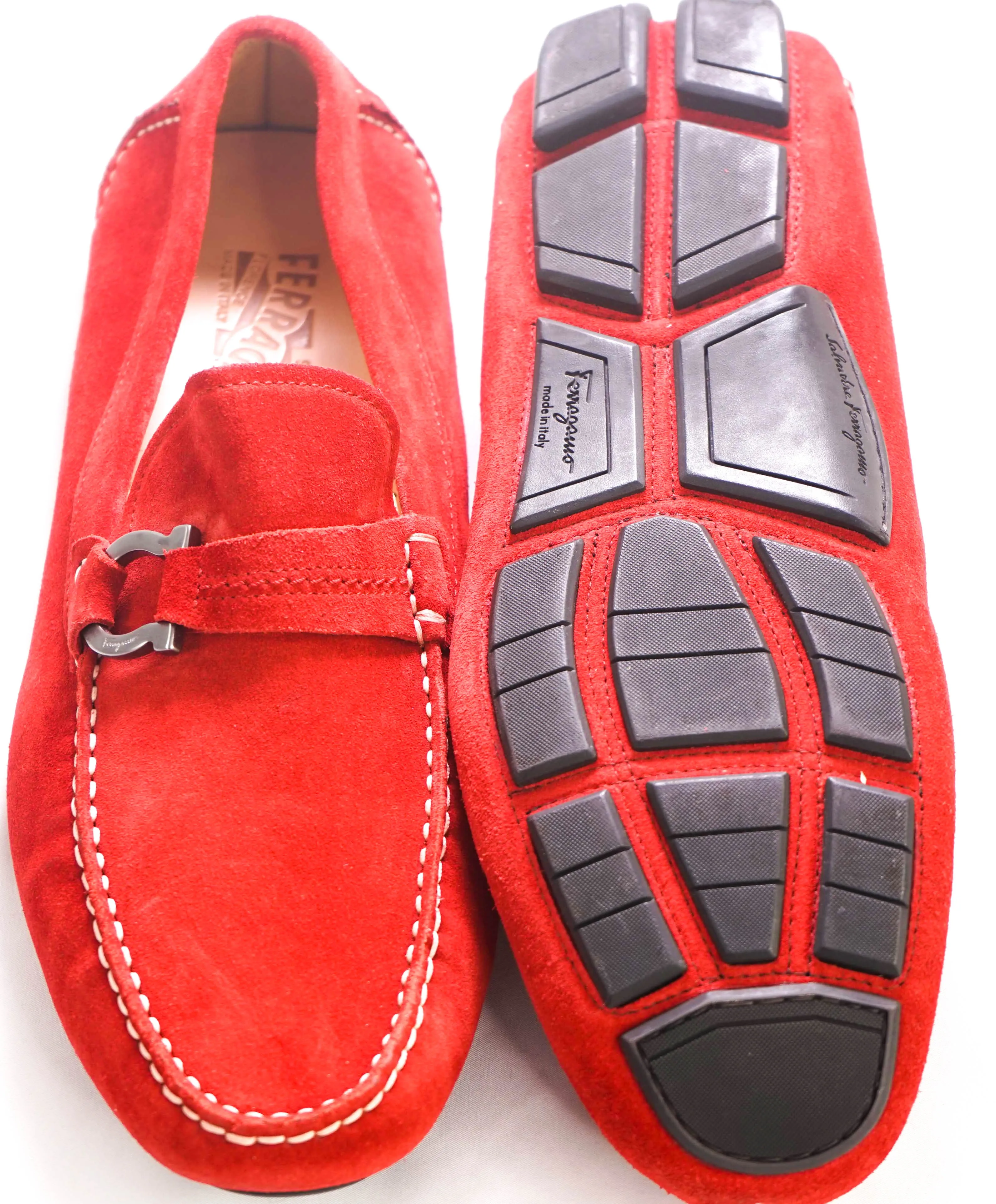 $750 SALVATORE FERRAGAMO - "DUBLO" Red Suede Gancini Loafer- 12
