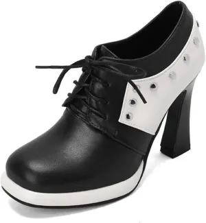 Aflngle Women's Lace-Up Chunky High Heel Mary Jane Shoes Round Closed Toe Low Platform Patchwork Wedding Party Prom Dress Pumps