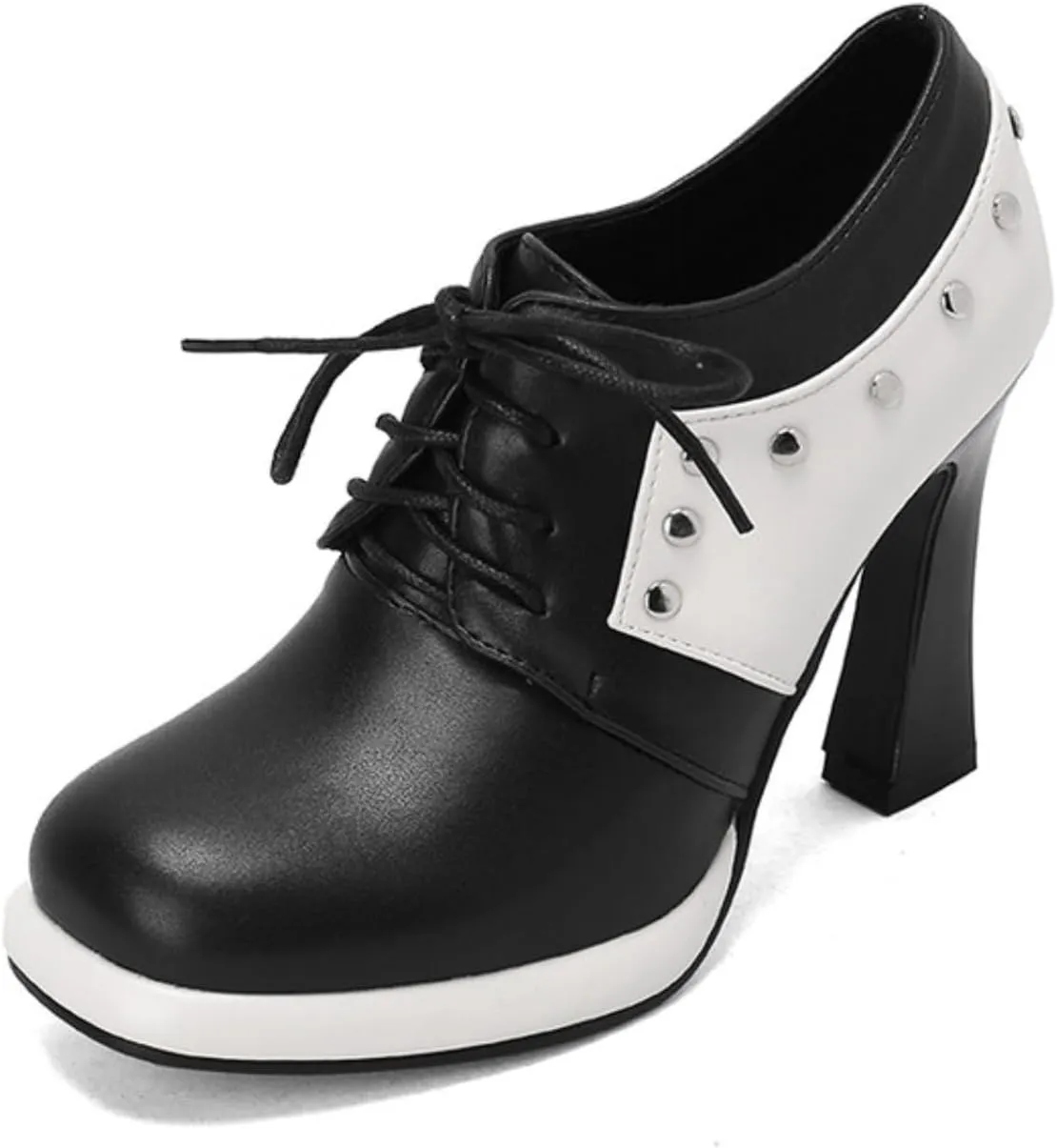 Aflngle Women's Lace-Up Chunky High Heel Mary Jane Shoes Round Closed Toe Low Platform Patchwork Wedding Party Prom Dress Pumps