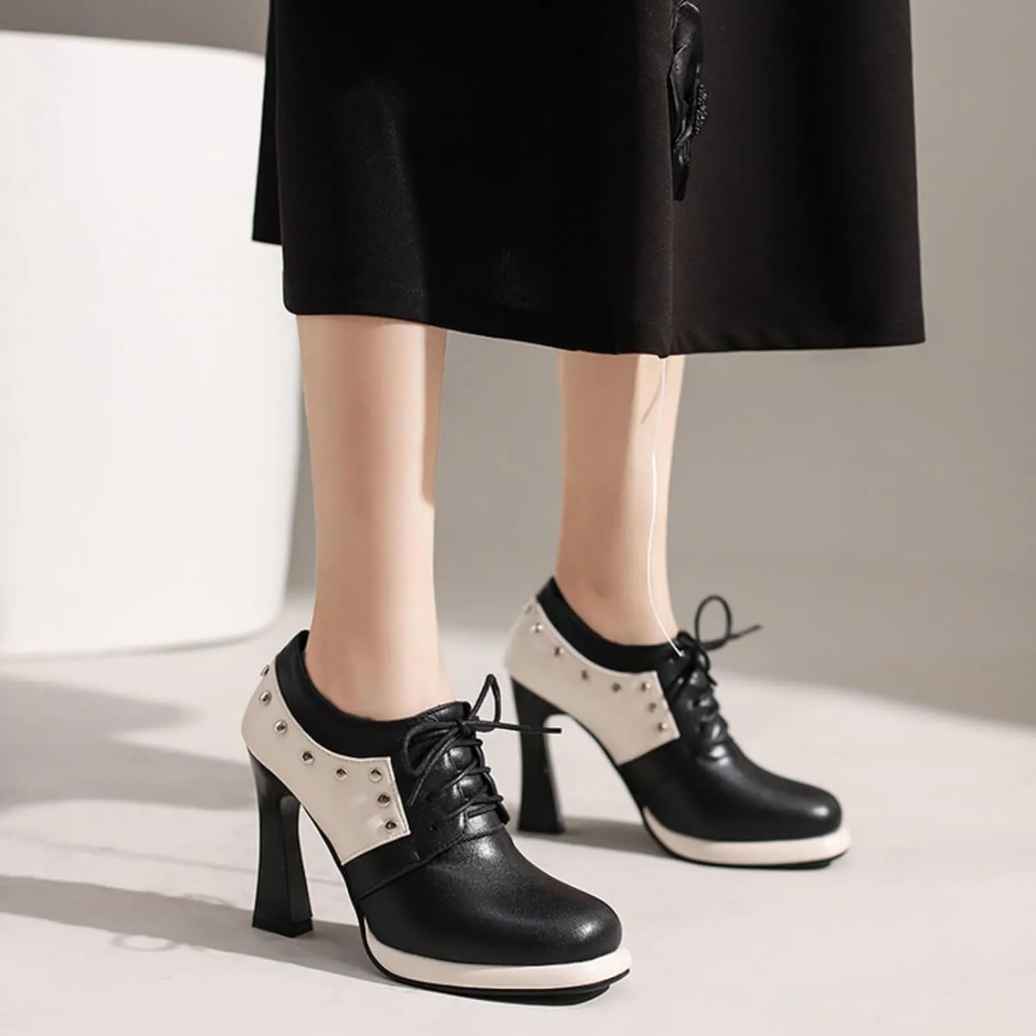 Aflngle Women's Lace-Up Chunky High Heel Mary Jane Shoes Round Closed Toe Low Platform Patchwork Wedding Party Prom Dress Pumps