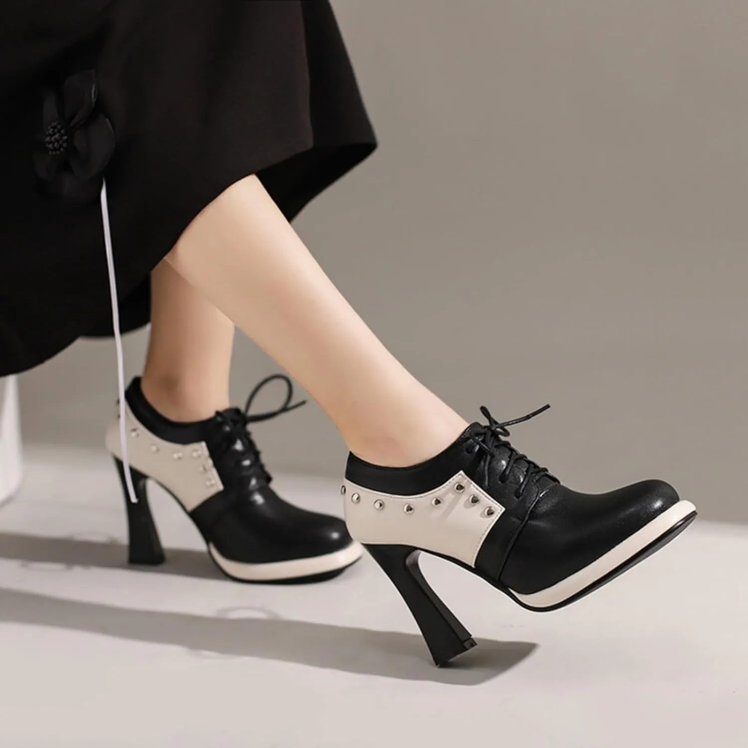 Aflngle Women's Lace-Up Chunky High Heel Mary Jane Shoes Round Closed Toe Low Platform Patchwork Wedding Party Prom Dress Pumps