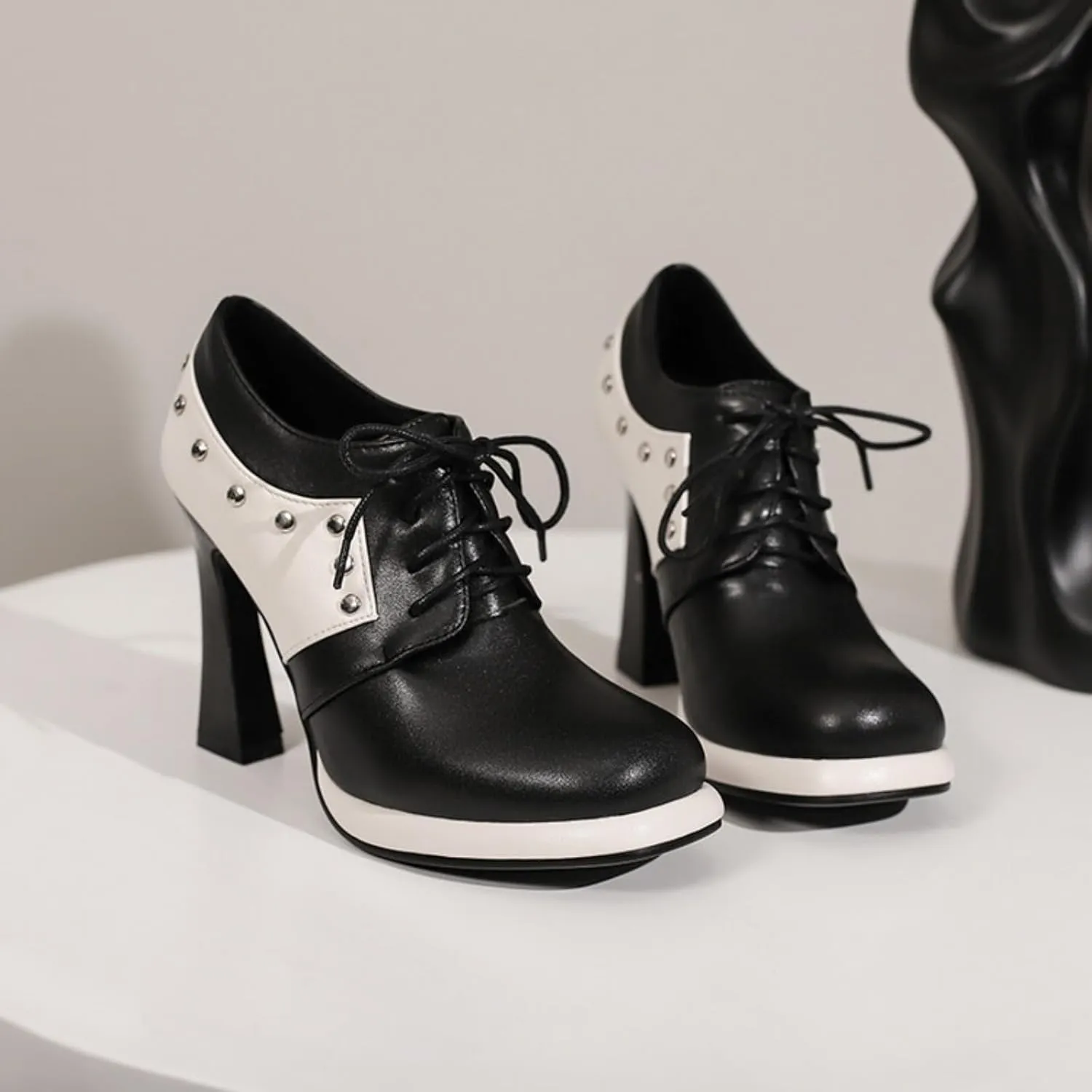 Aflngle Women's Lace-Up Chunky High Heel Mary Jane Shoes Round Closed Toe Low Platform Patchwork Wedding Party Prom Dress Pumps