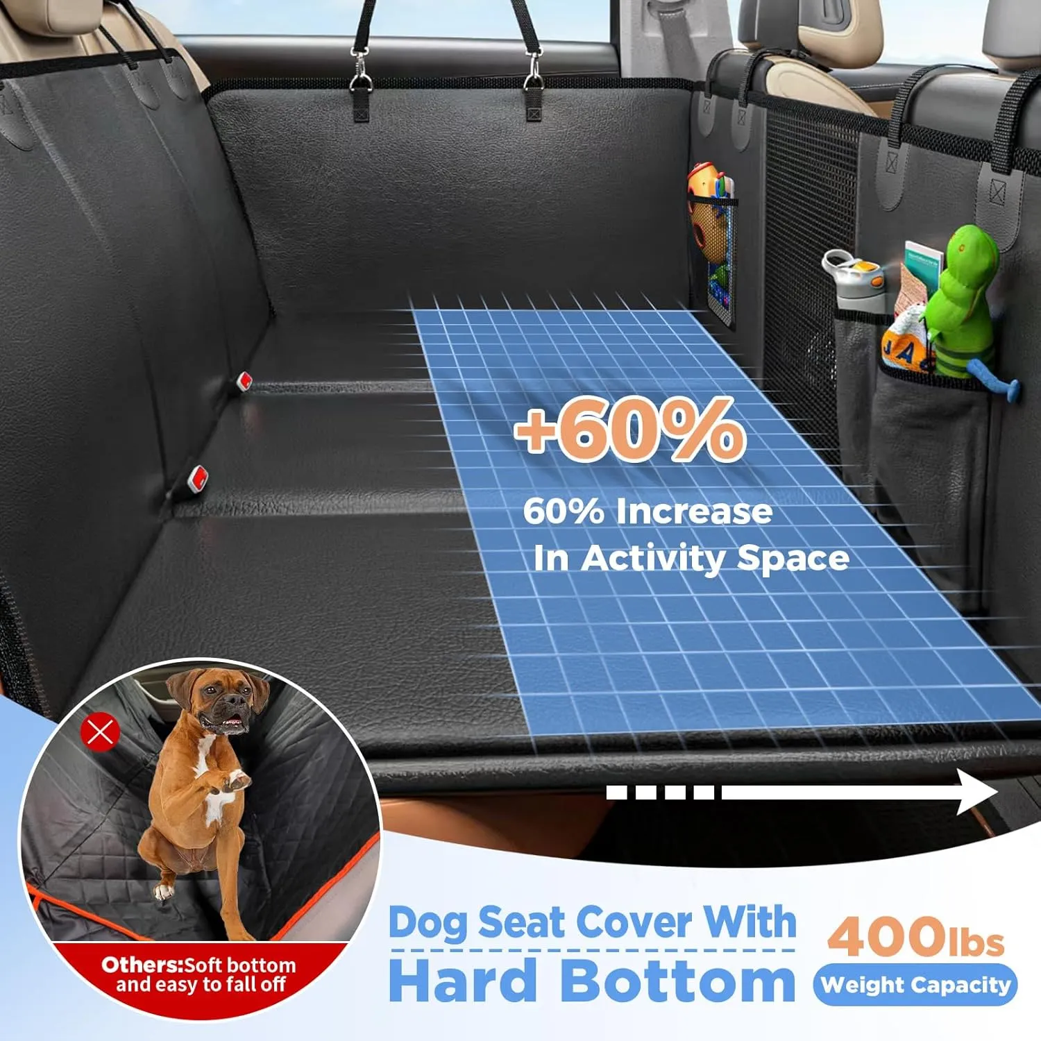 Back Seat Extender for Dogs, Hard Bottom Dog Car Seat Cover for Truck Back Seat, Dog Hammock for Car, Upgraded PU Leather Material, Larger Space, Black