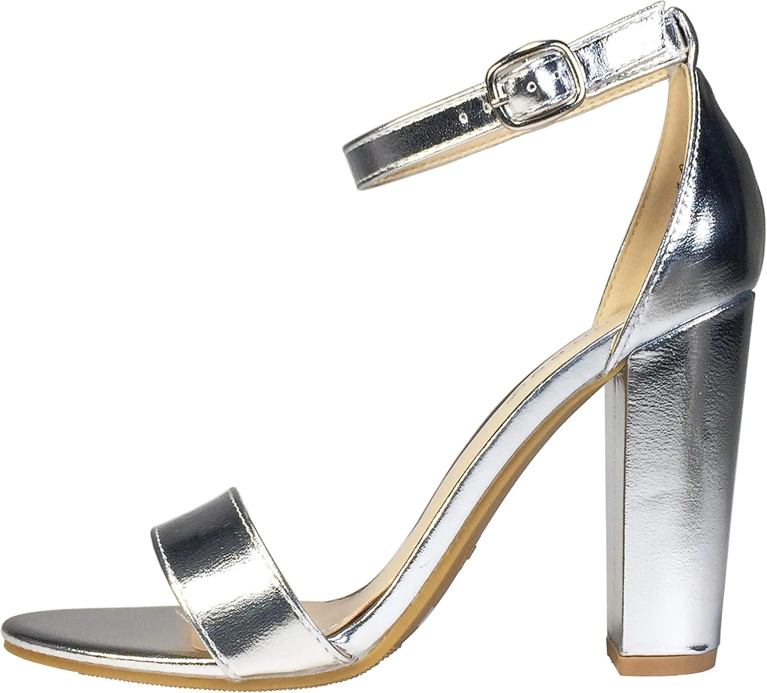 BAMBOO Women's Single Band Chunky Heel Sandal with Ankle Strap, Black White Stripe Fabric