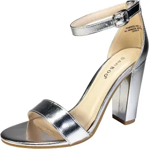 BAMBOO Women's Single Band Chunky Heel Sandal with Ankle Strap, Black White Stripe Fabric