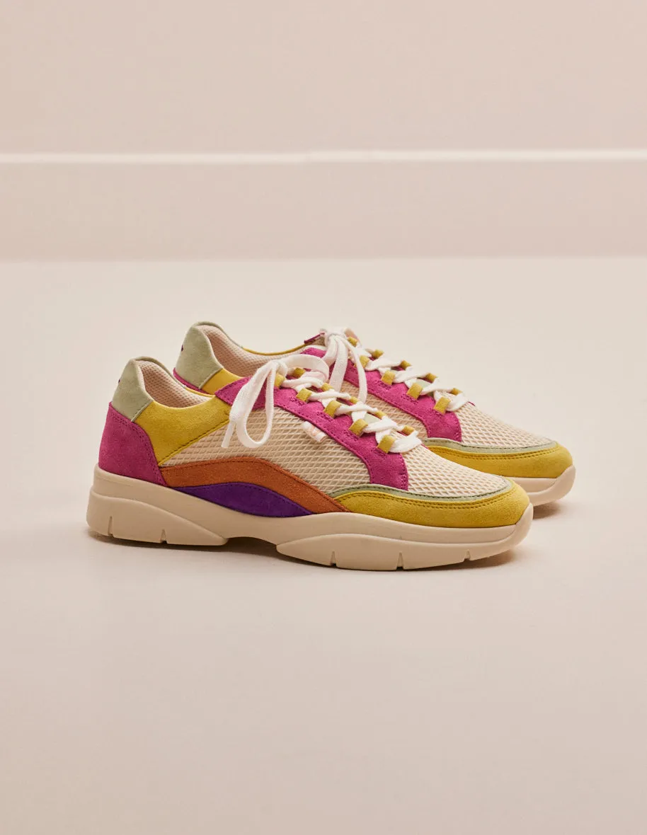 Baskets basses Laura - Suède et mesh citron beige rose