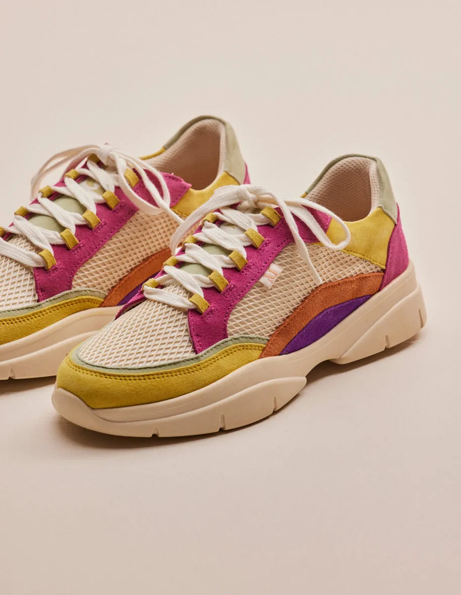 Baskets basses Laura - Suède et mesh citron beige rose