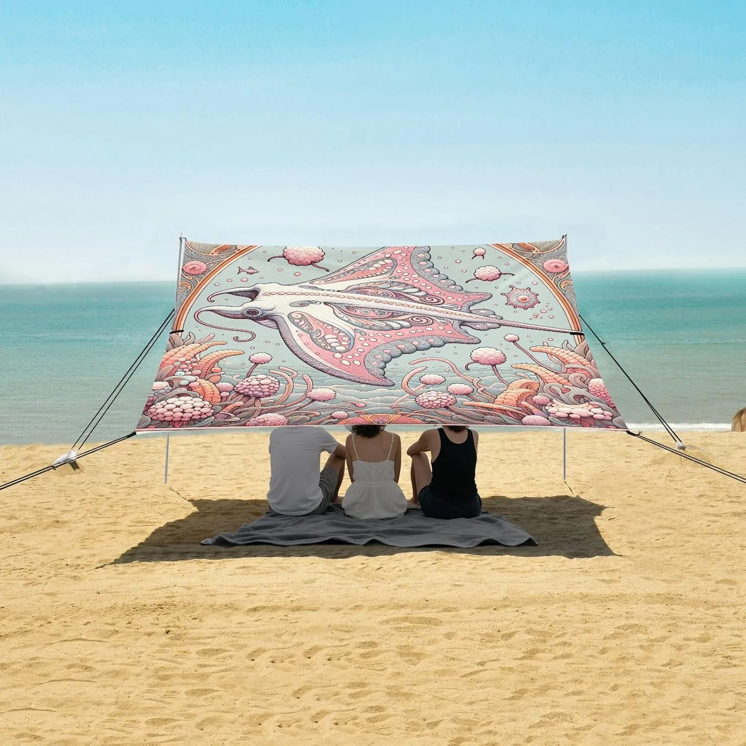 Beach Shade Tent with UPF50  UV Protection,Manta Ray Ocean Lightweight Camping Sun Shelter for Outdoor,Camping Trips, Fishing, Backyard,Picnics,Easy Set Up and Carry 9x10.5 FT