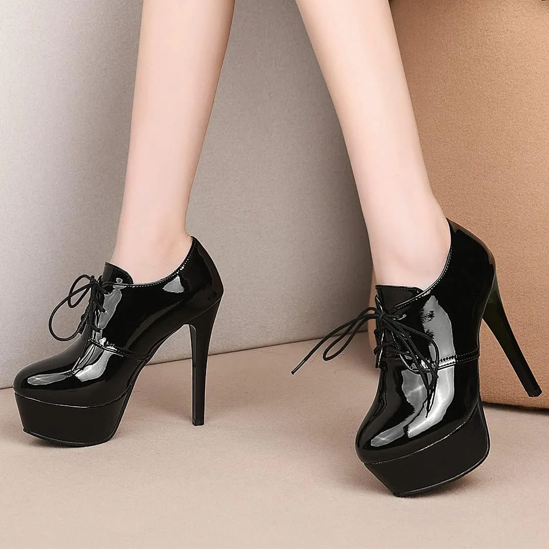 BEAUPAS Women's Patent Stiletto High Heels Lace Up Platform Pumps Oxford Booties Shoes