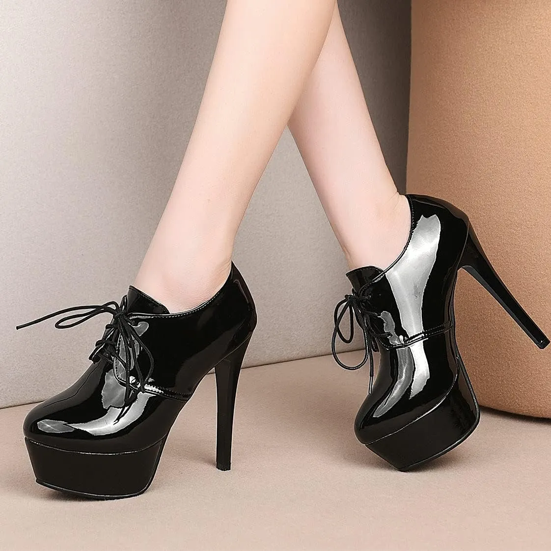 BEAUPAS Women's Patent Stiletto High Heels Lace Up Platform Pumps Oxford Booties Shoes