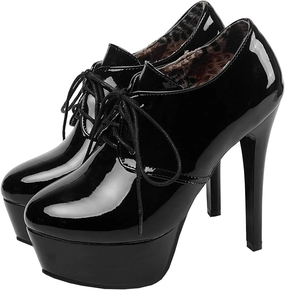 BEAUPAS Women's Patent Stiletto High Heels Lace Up Platform Pumps Oxford Booties Shoes