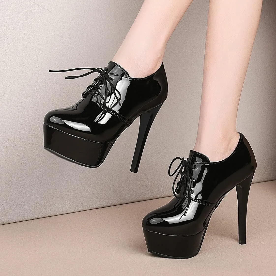 BEAUPAS Women's Patent Stiletto High Heels Lace Up Platform Pumps Oxford Booties Shoes
