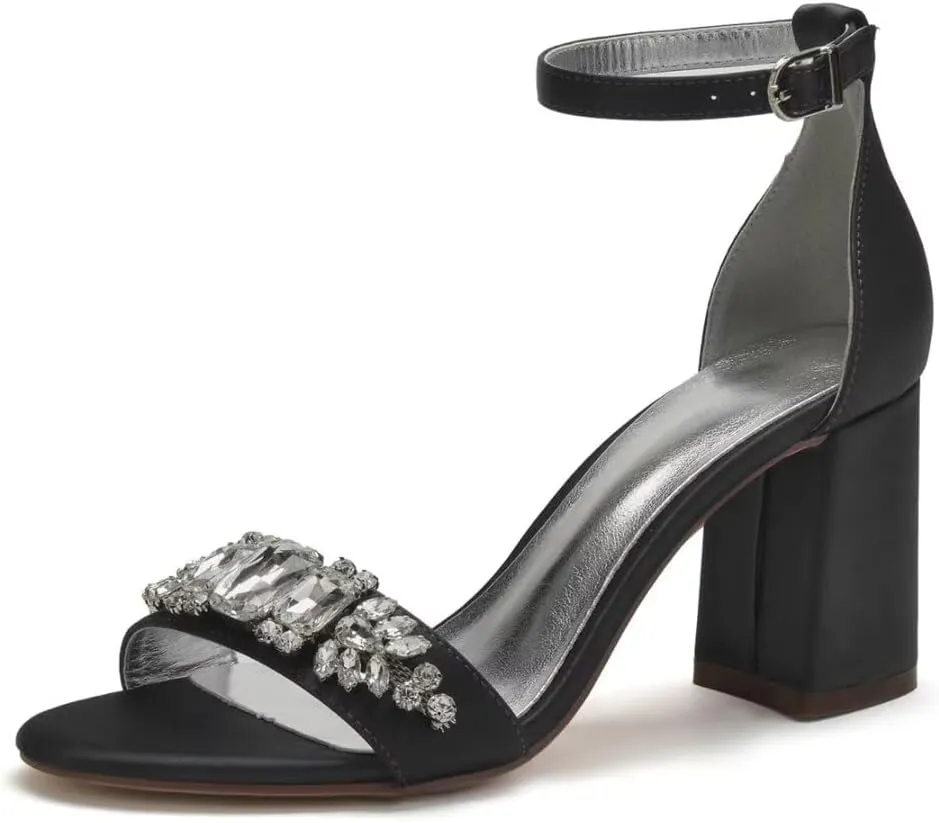 Block High Heel Sandals for Bride Rhinestones 3IN Heels Wedding Shoes Formal Party Sandals