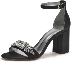 Block High Heel Sandals for Bride Rhinestones 3IN Heels Wedding Shoes Formal Party Sandals