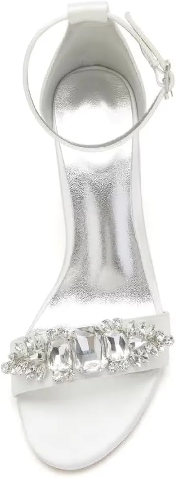 Block High Heel Sandals for Bride Rhinestones 3IN Heels Wedding Shoes Formal Party Sandals