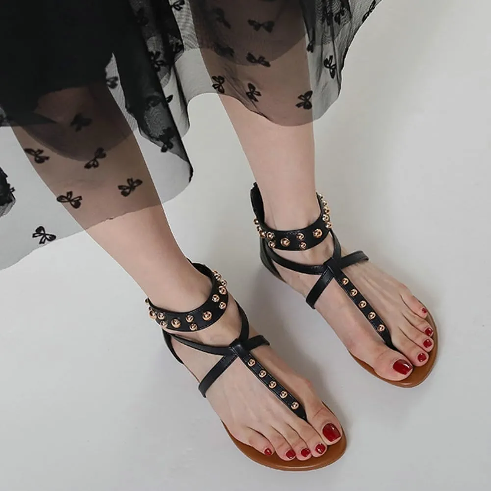 Caistre Women’s Rivet Flat Sandal Summer Fashion Studded Dress Shoes Arch Support Comfortable Walking Sandals
