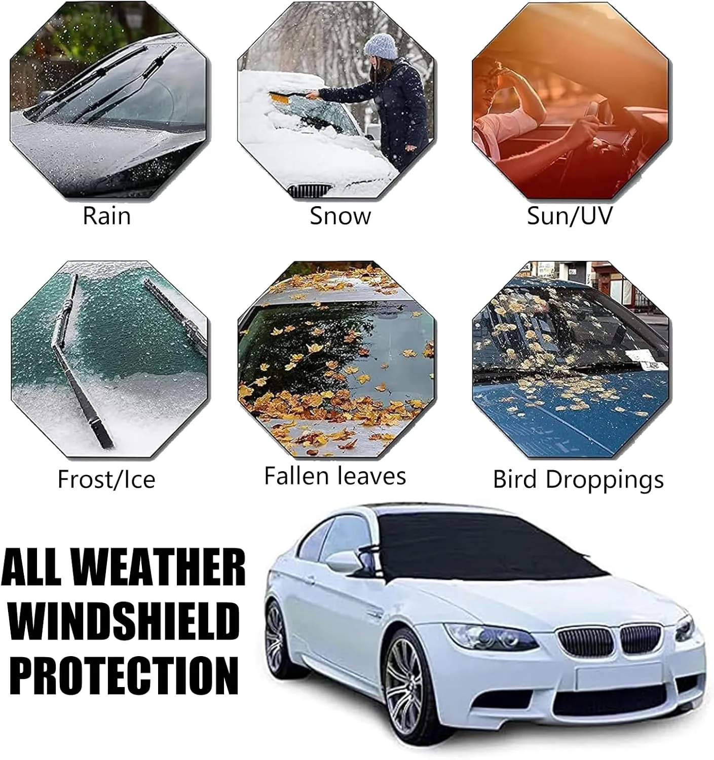 Car Windshield Snow Cover, Thick Oxford Cloth, Waterproof, Universal Fit for Most Car Models (Black, 75" x 47.25")