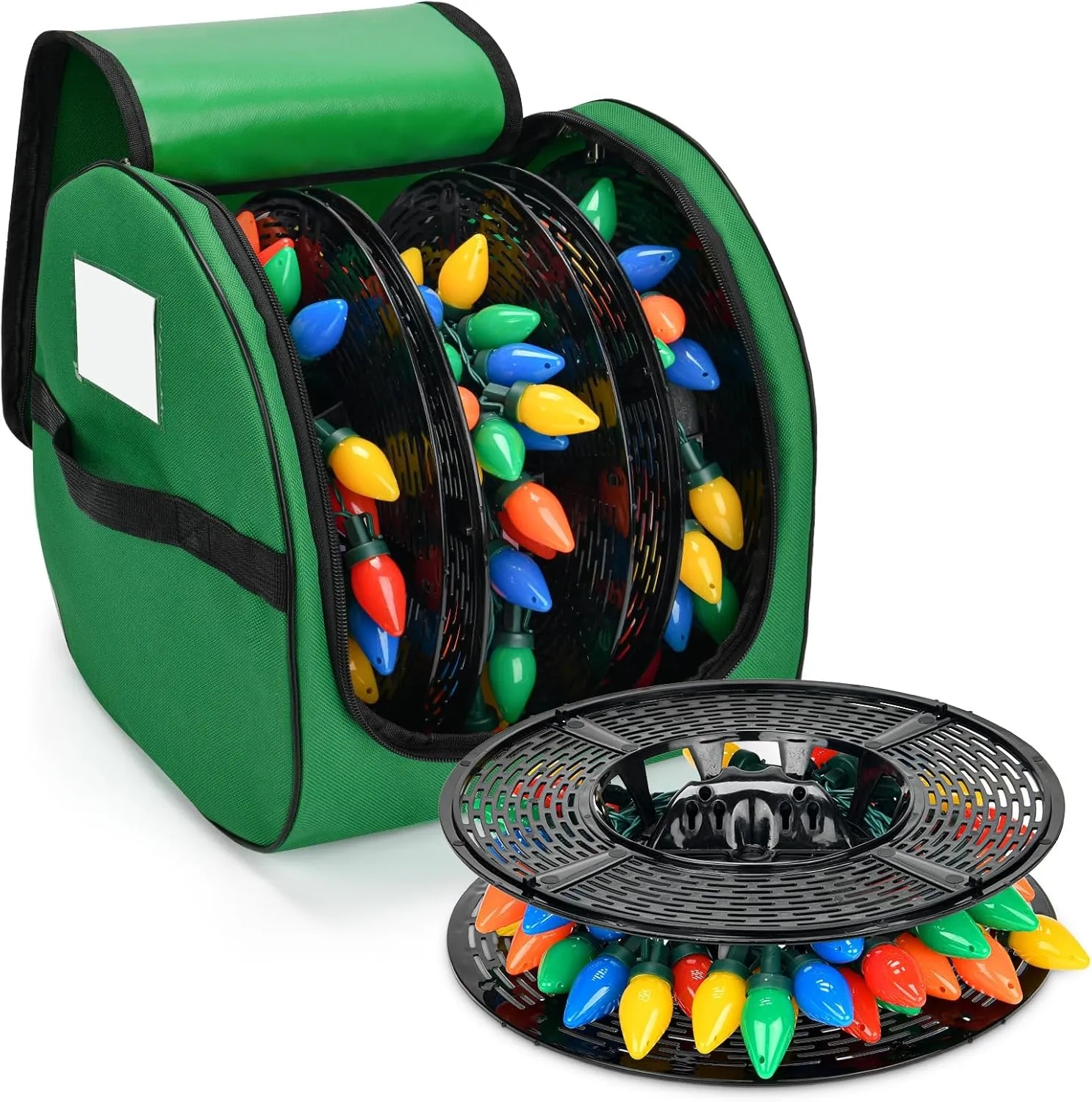 Christmas Light Storage Bag, Heavy Duty 600D Fabric with Reinforced Handle, 3 Reels Stores up to 375 Ft of Mini Lights & Extension Cords, Waterproof & Anti-tear Christmas Storage Bag for Holiday,Green