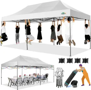 COBIZI 10x20 Heavy Duty Pop up Canopy Tent Without Sidewall Easy Up Commercial Outdoor Canopy Wedding Party Tents for Parties All Season Wind Waterproof Gazebo with Roller Bag,White(Frame Thickened)