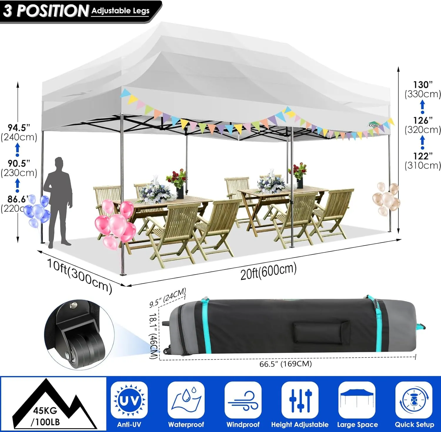 COBIZI 10x20 Heavy Duty Pop up Canopy Tent Without Sidewall Easy Up Commercial Outdoor Canopy Wedding Party Tents for Parties All Season Wind Waterproof Gazebo with Roller Bag,White(Frame Thickened)