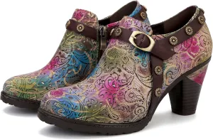 CrazycatZ Leather Pumps,Womens Colorful Vintage Block Heel Floral Oxford Shoes