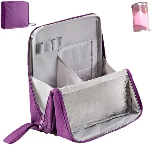Doresty Makeup Bag, Large Capacity Standing Make up Bags, Multifunctional Waterproof Cosmetic Organizer, Multi-purpose Portable Oxford Handbag with Compartments for Travel Work Home(Purple)