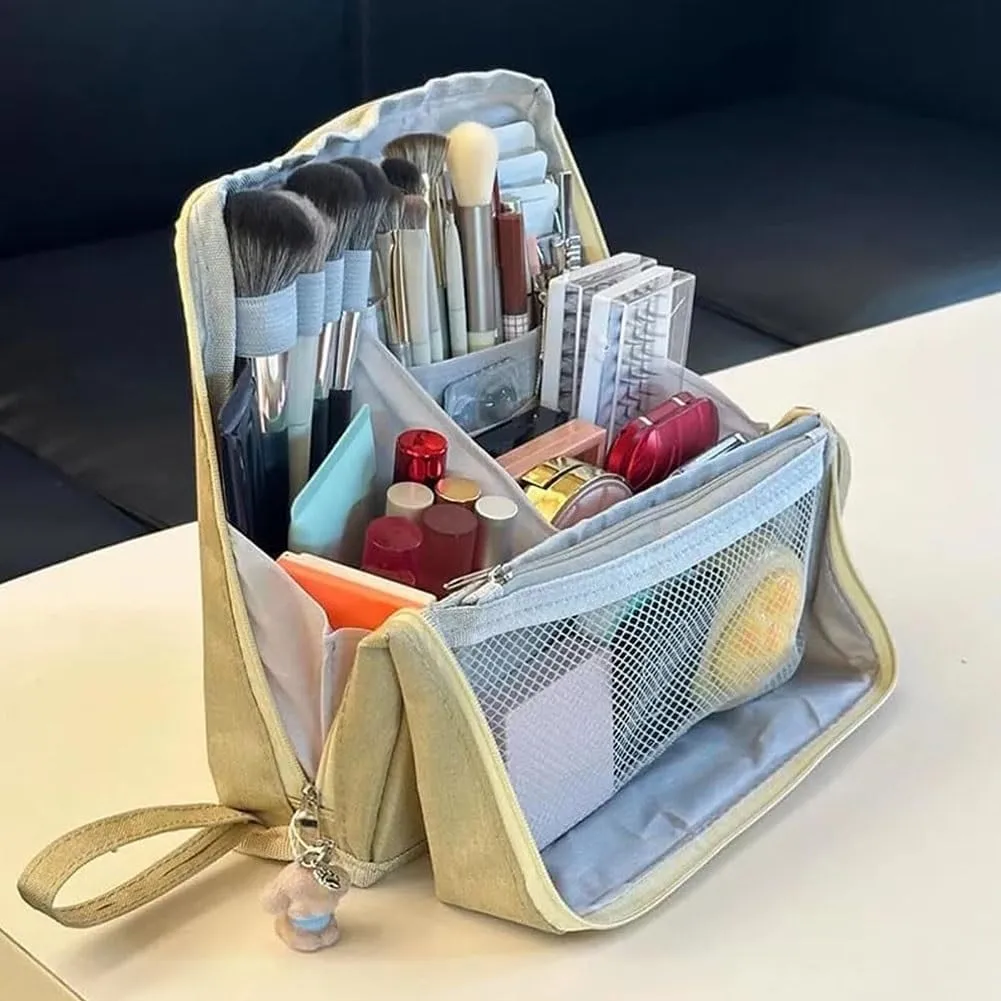 Doresty Makeup Bag, Large Capacity Standing Make up Bags, Multifunctional Waterproof Cosmetic Organizer, Multi-purpose Portable Oxford Handbag with Compartments for Travel Work Home(Purple)