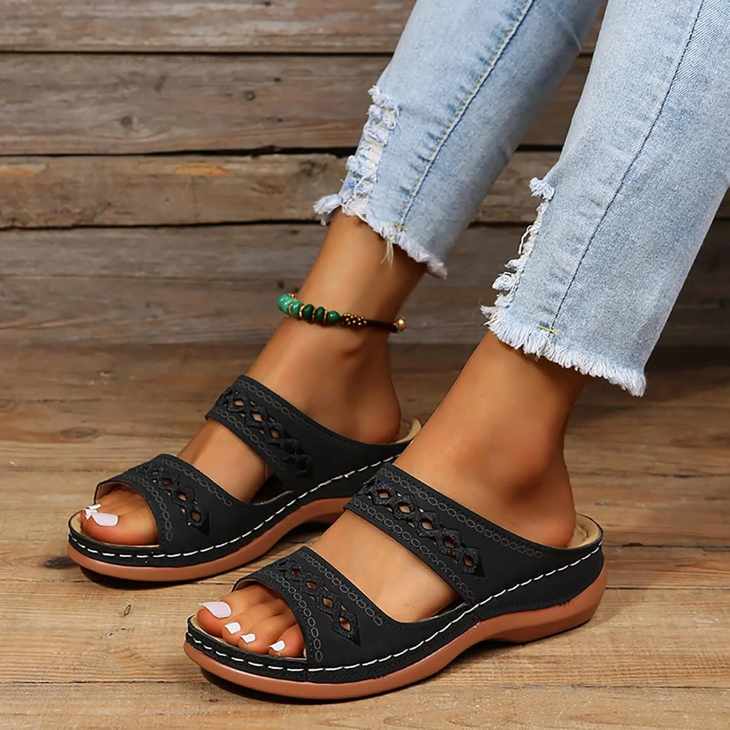 Eduavar Womens Sandals Dressy Casual Summer Comfortable Slip On Platform Shoes Arch Support Wedge Lightweight Slides Slippers