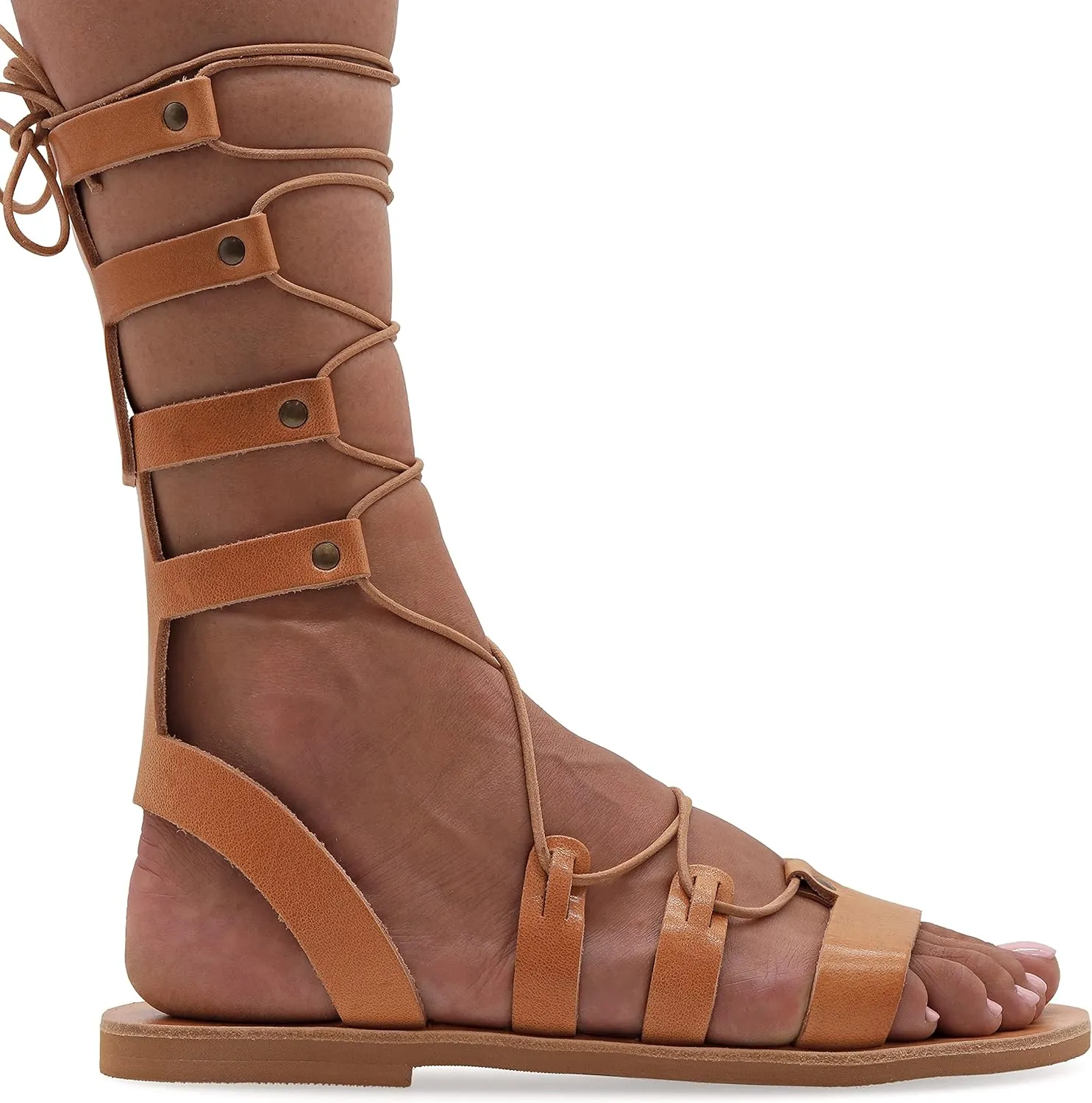 Emmanuela Ancient Greek Style Calf High Leather Sandals, Handmade Open Toe Flat Gladiator Sandals, Quality Tie up Strappy Summer Shoes for Women, Boho Chic Rose Gold Silver White Black