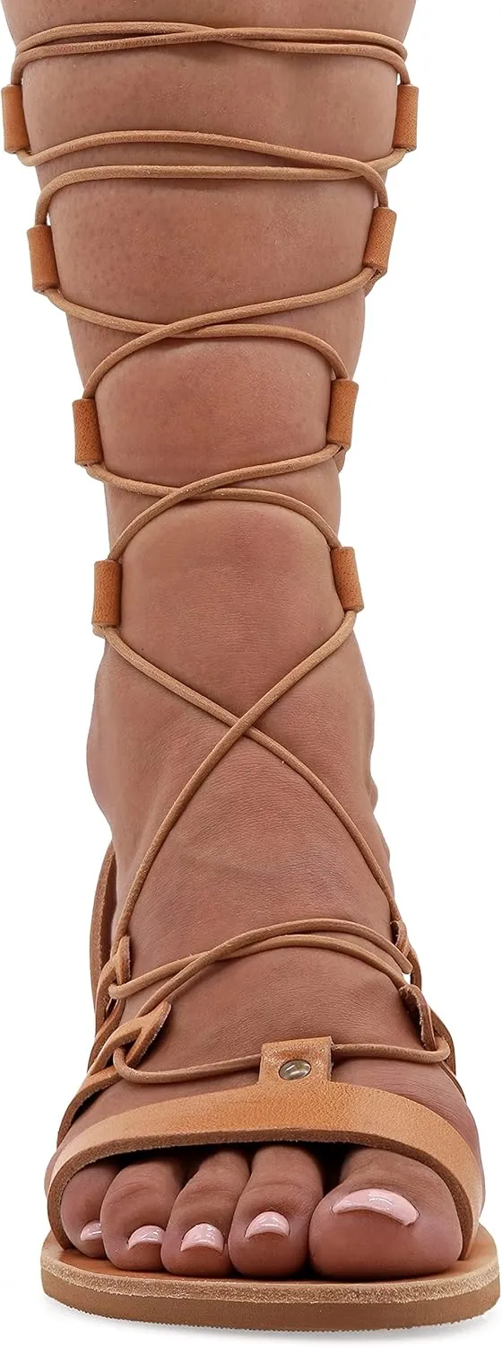 Emmanuela Ancient Greek Style Calf High Leather Sandals, Handmade Open Toe Flat Gladiator Sandals, Quality Tie up Strappy Summer Shoes for Women, Boho Chic Rose Gold Silver White Black