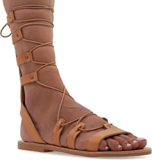 Emmanuela Ancient Greek Style Calf High Leather Sandals, Handmade Open Toe Flat Gladiator Sandals, Quality Tie up Strappy Summer Shoes for Women, Boho Chic Rose Gold Silver White Black