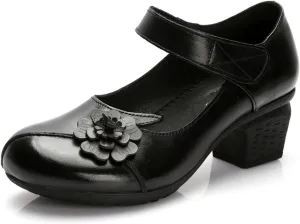 Ephirebra Women's Round Toe Mary Jane Chunky Heels Pumps Comfort Flower Hook and Loop Low Heel Dress Shoes
