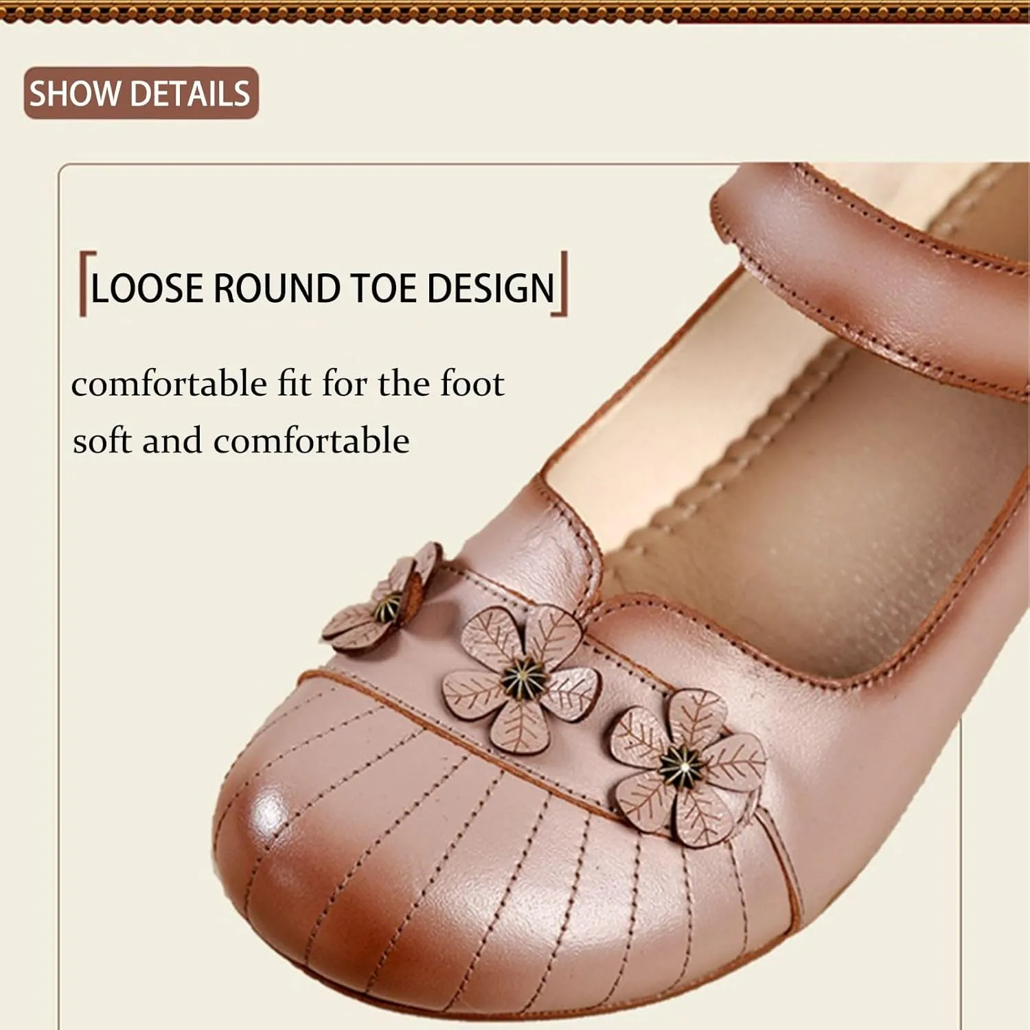Ephirebra Women's Round Toe Mary Jane Chunky Heels Pumps Comfort Flower Hook and Loop Low Heel Dress Shoes