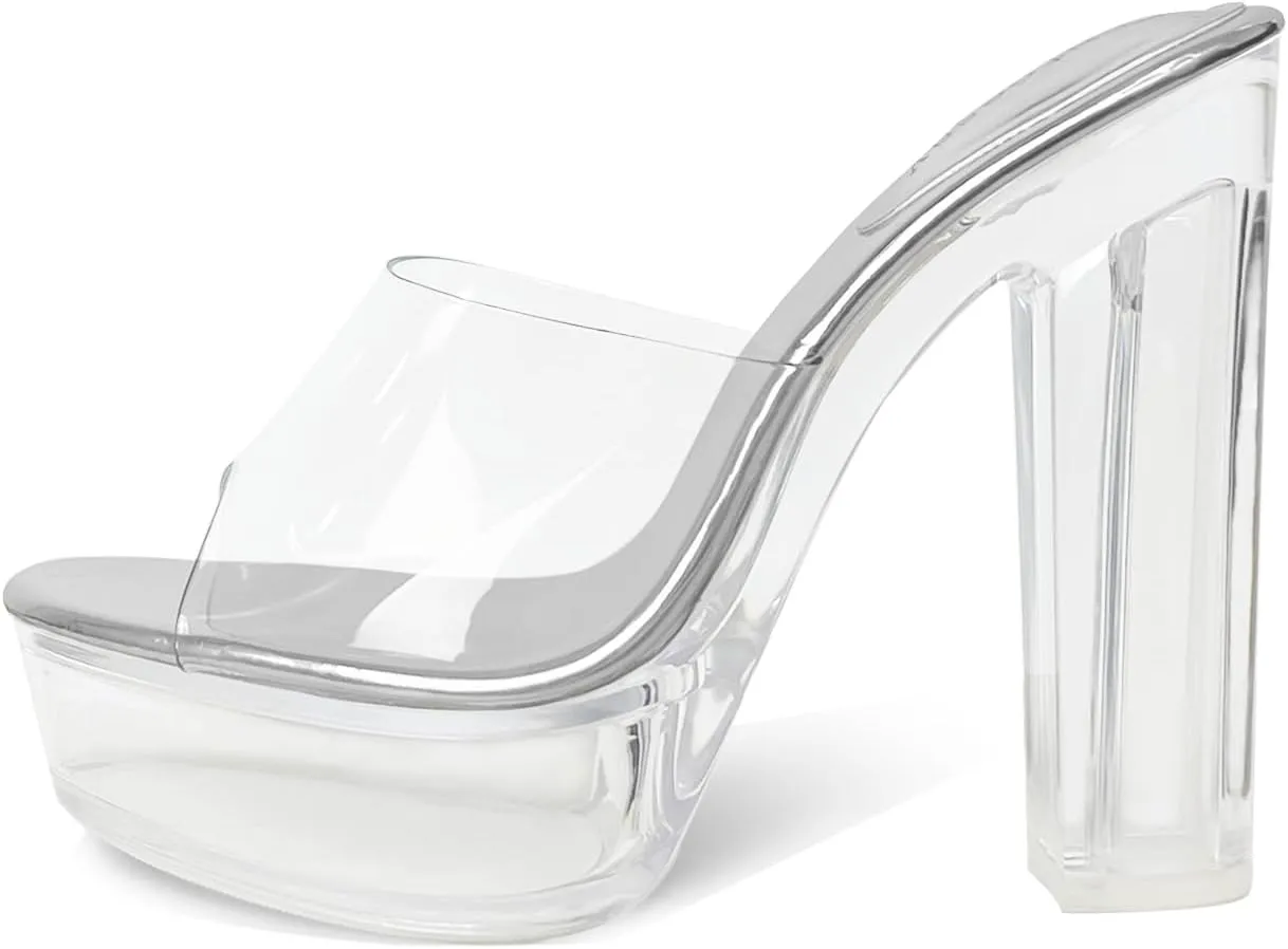 Fantoesay Women's Clear Platform Sandals Chunky Heel Mules Slip On Sandals