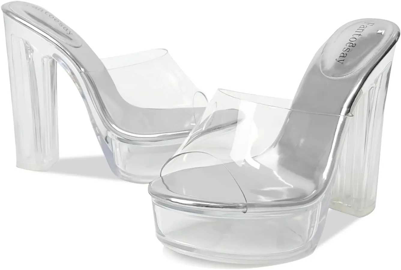 Fantoesay Women's Clear Platform Sandals Chunky Heel Mules Slip On Sandals