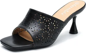 fereshte Womens Hollow Out Flower Sandals Slip On Sandals Square Toe Kitten Heeled Mules
